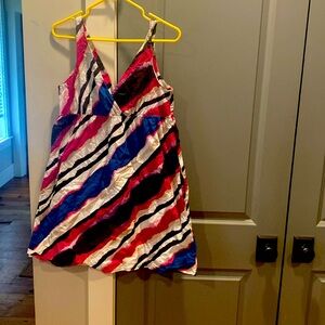 Old navy sundress.  Pink, tan, black, purple.  Has pockets!